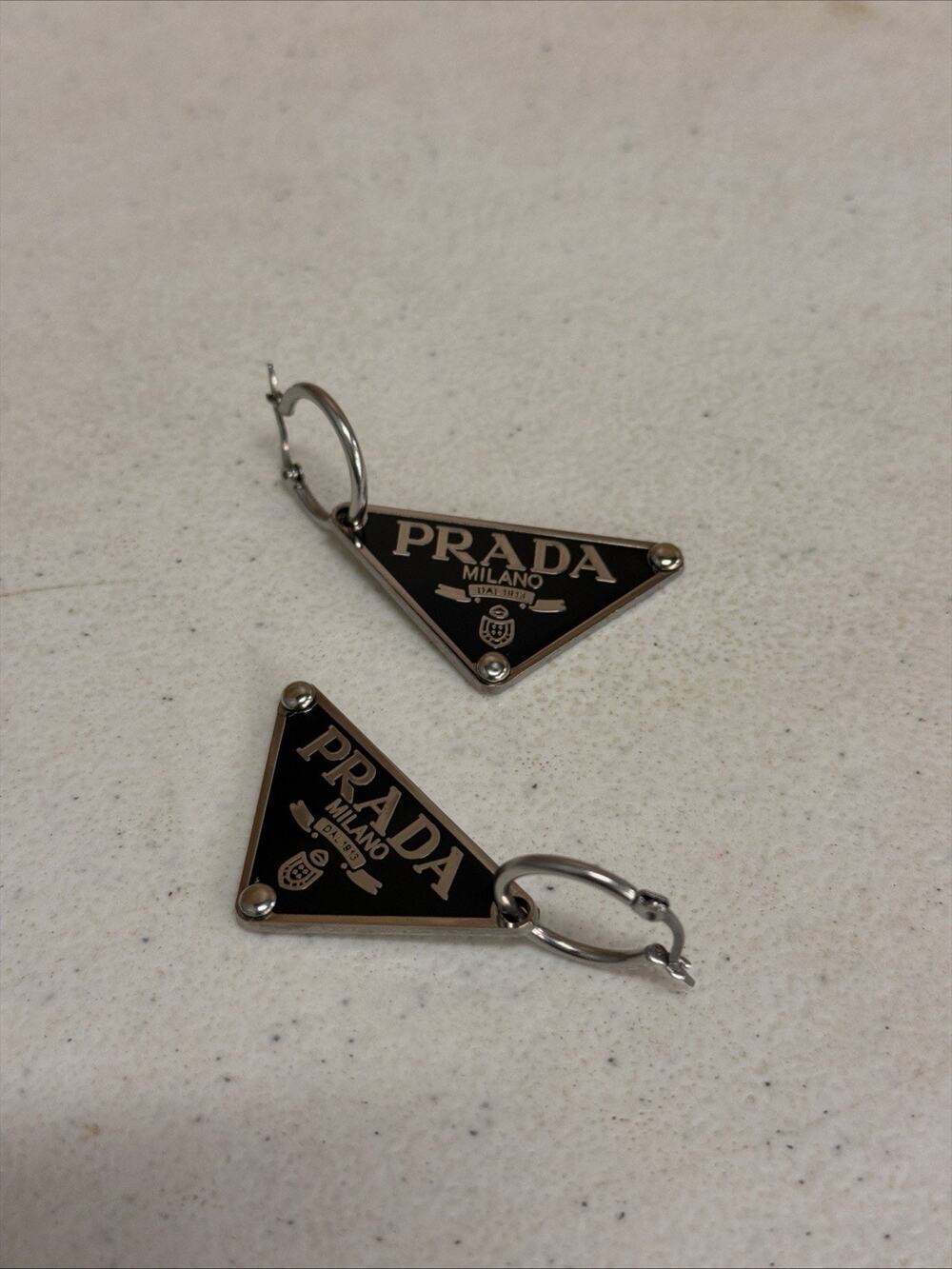 PRADA Milano Symbole Triangle Black Enamel 925 Sterling Silver Hoop Earrings Ita